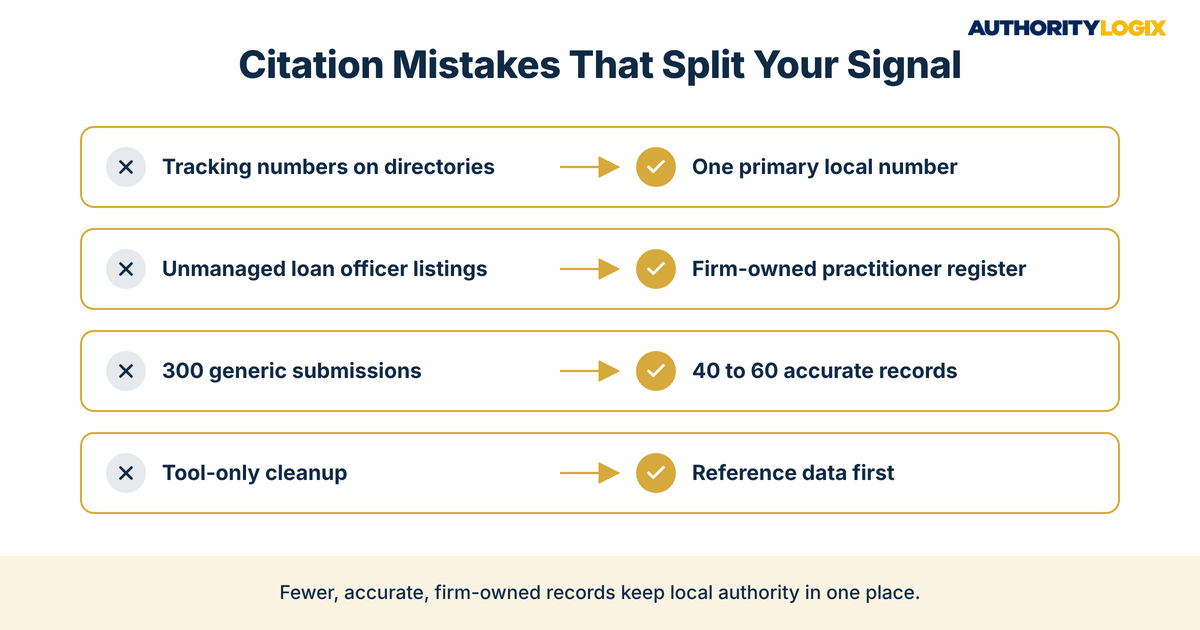 financial services citation building mistakes and fixes for lender local citation SEO including tracking numbers and practitioner listings
