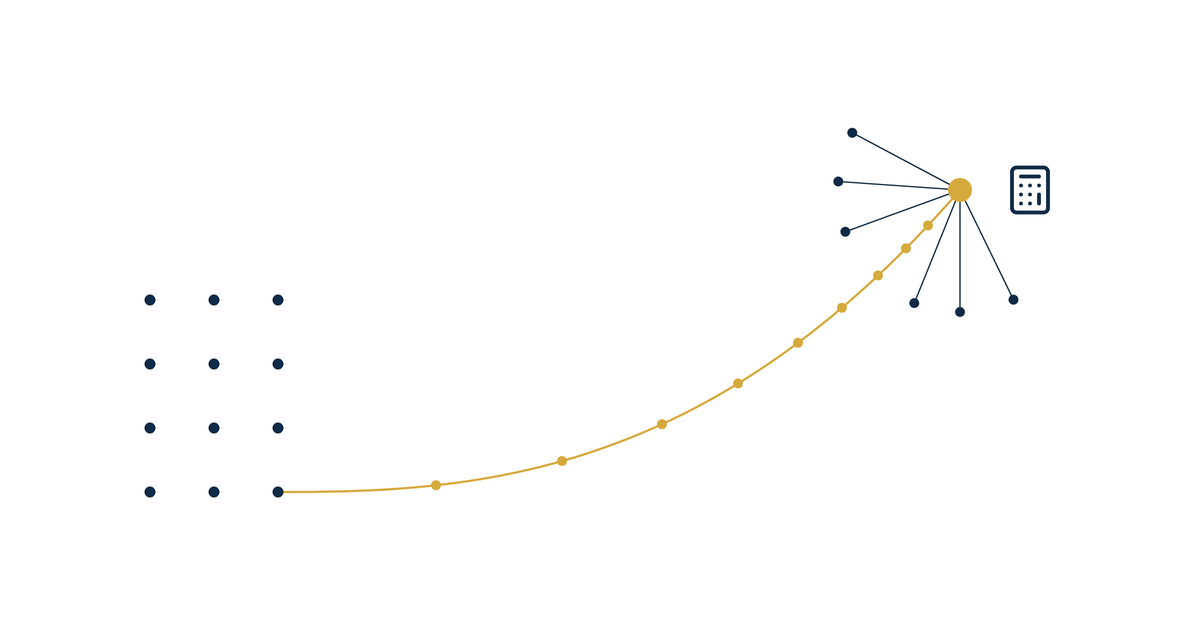 DSCR lender interactive tools lead generation hero illustration of a navy keypad of dots feeding a rising gold curve to one peak gold dot