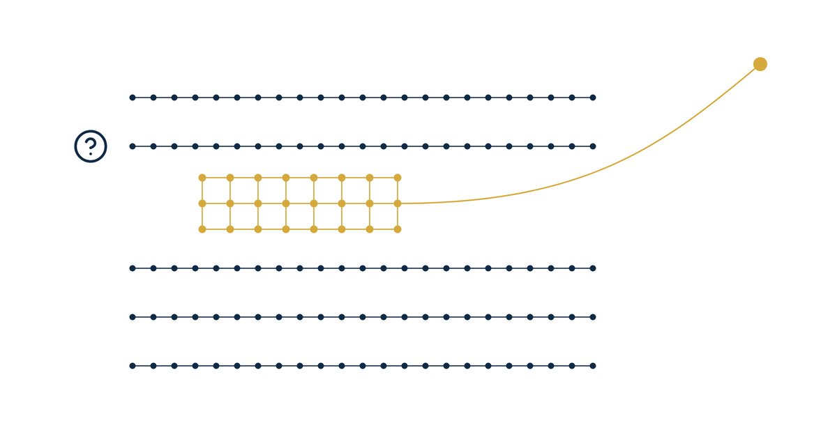 financial services FAQ content SEO hero illustration of navy dot rows with one row opened into a gold answer block
