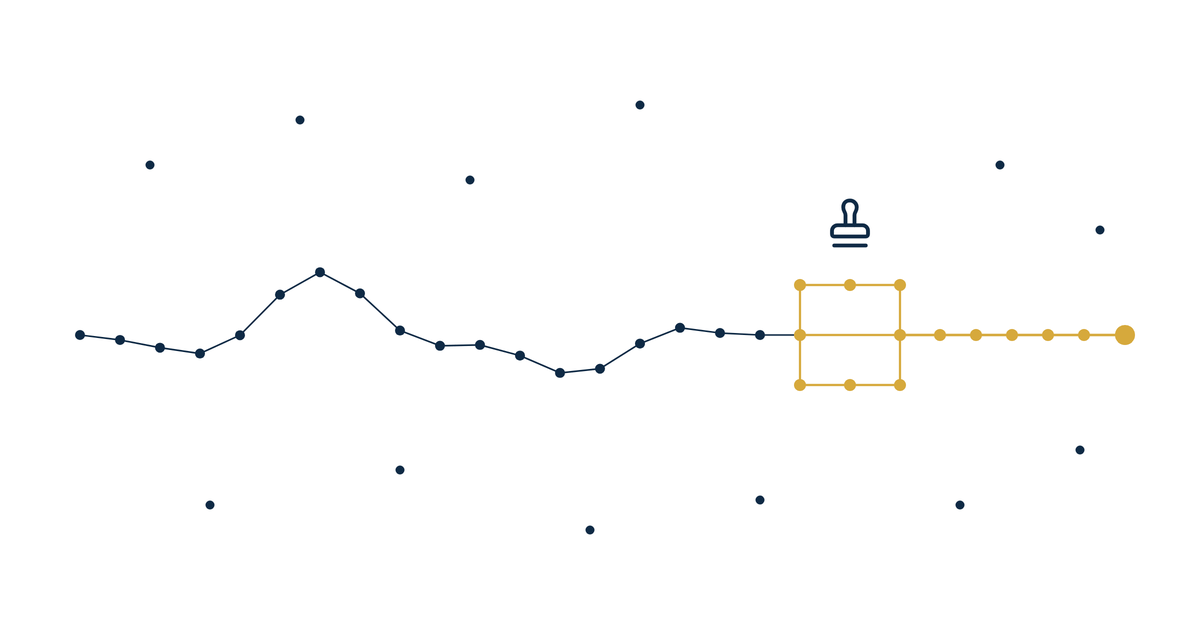 mortgage market data content compliance hero illustration of a navy data path passing through a gold review frame and leaving as a level gold line