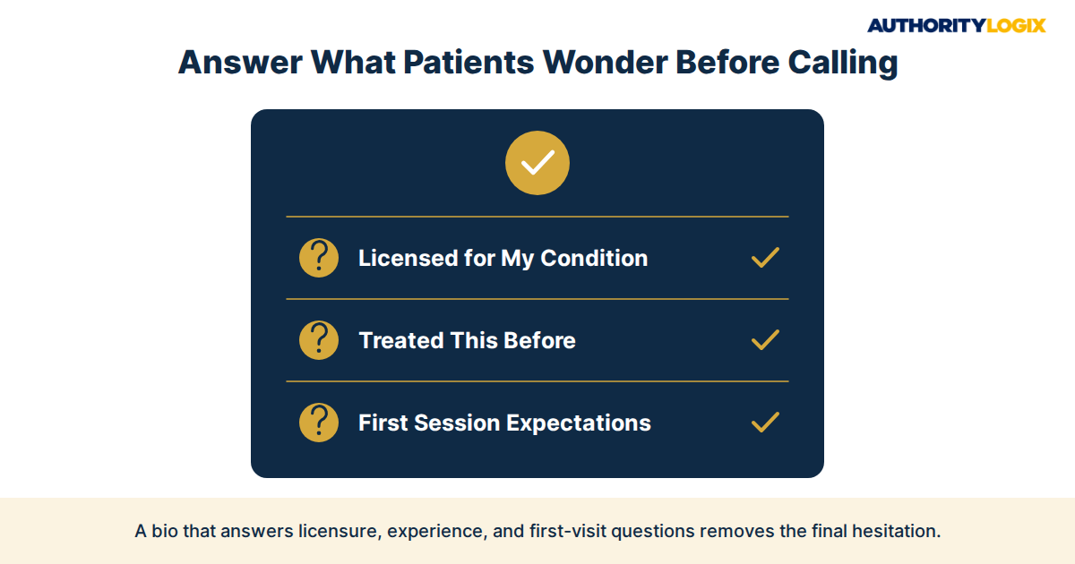 patient FAQ topics answered on a physical therapist bio page