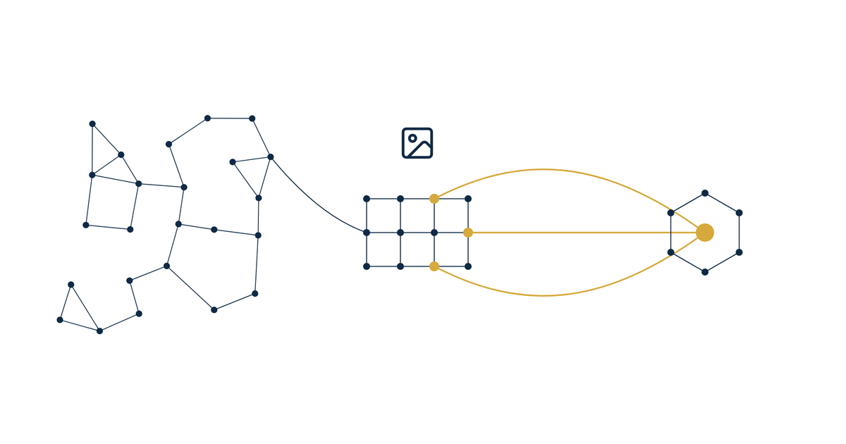 pt website image optimization hero illustration of a scattered navy dot cluster tightened into a compact grid that sends gold paths to one central point