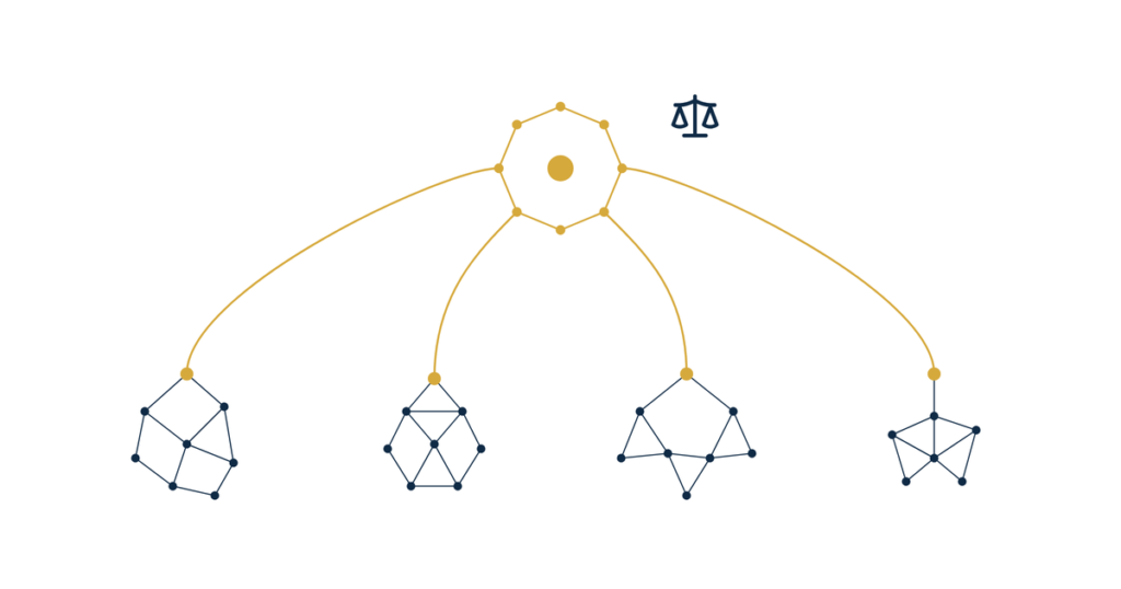 physical therapy outcome data hero illustration of four navy data clusters sending gold paths into one clear gold ring