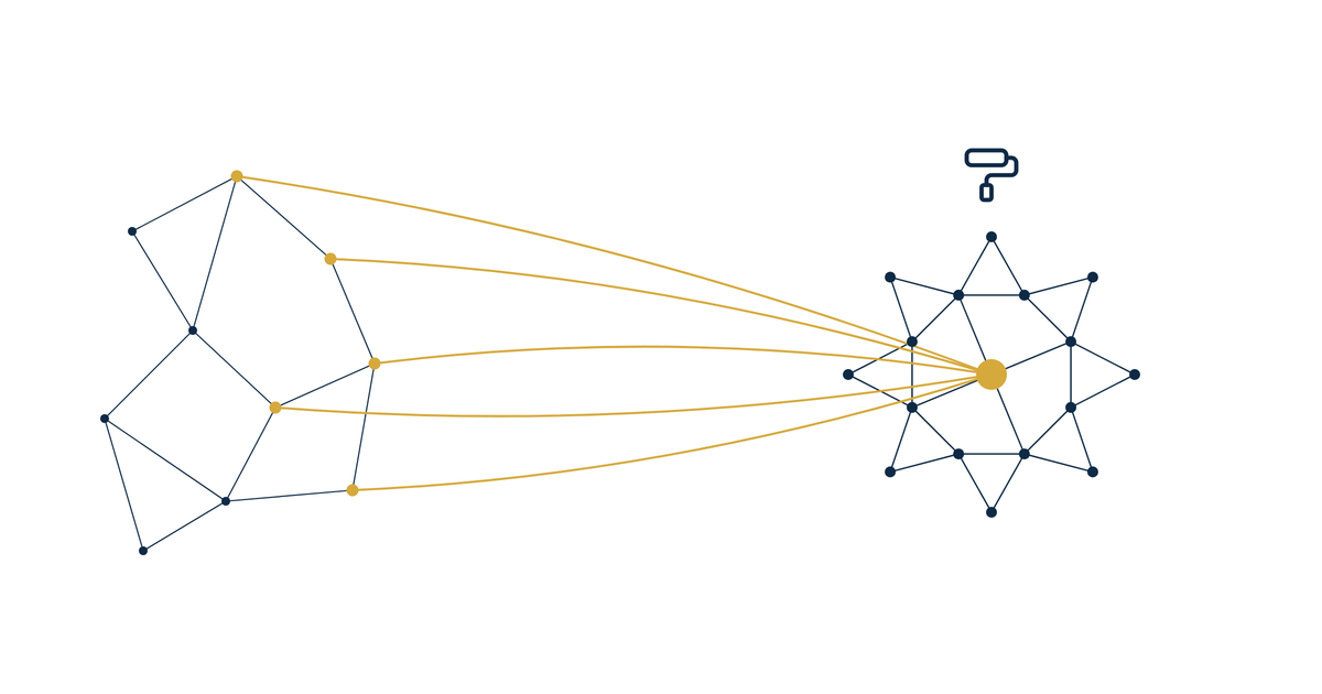 physical therapy practice rebrand hero illustration of an old navy dot cluster carrying gold connections into a new cluster with a gold center