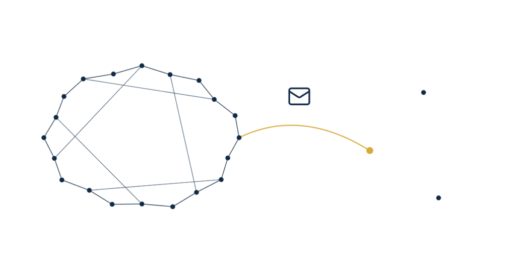 Physical therapy patient reactivation email hero illustration of a gold dot being drawn back into a navy dot network