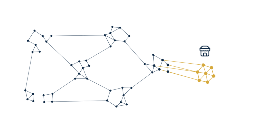 Physical therapy local SEO vs hospital owned clinics hero illustration of a compact gold dot cluster beside a large navy network
