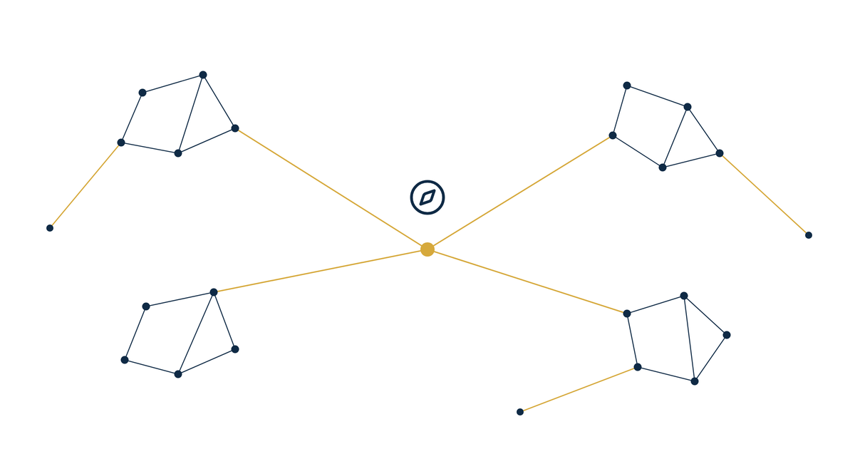 Physical therapy internal linking strategy hero illustration of stray navy dots being reconnected to a gold central hub