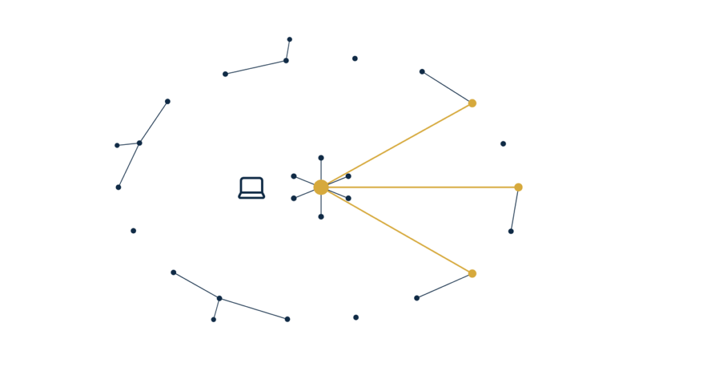 telehealth physical therapy marketing hero illustration of a central gold practice dot reaching far past its inner ring to distant patient dots