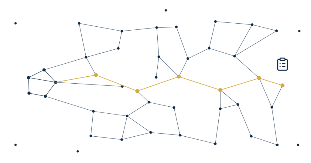 Real estate website SEO audit hero illustration of a gold crawl path running through a larger navy dot network of site pages