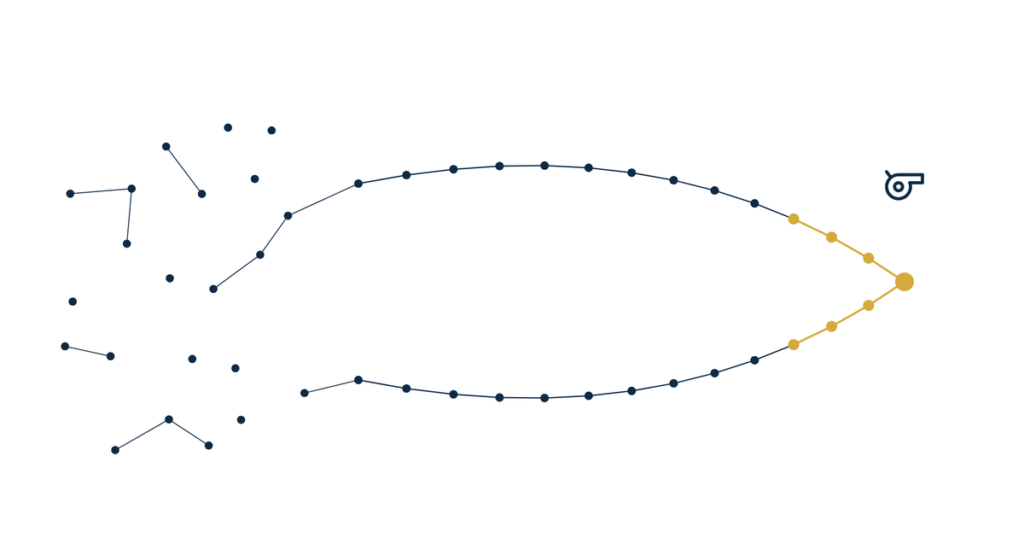 Real estate coach SEO visibility hero illustration of two navy dot paths converging on a single gold point