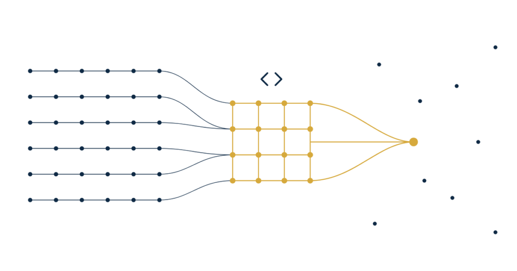 Real estate IDX SEO schema markup hero illustration of navy feed rows converging into one gold structured grid of dots