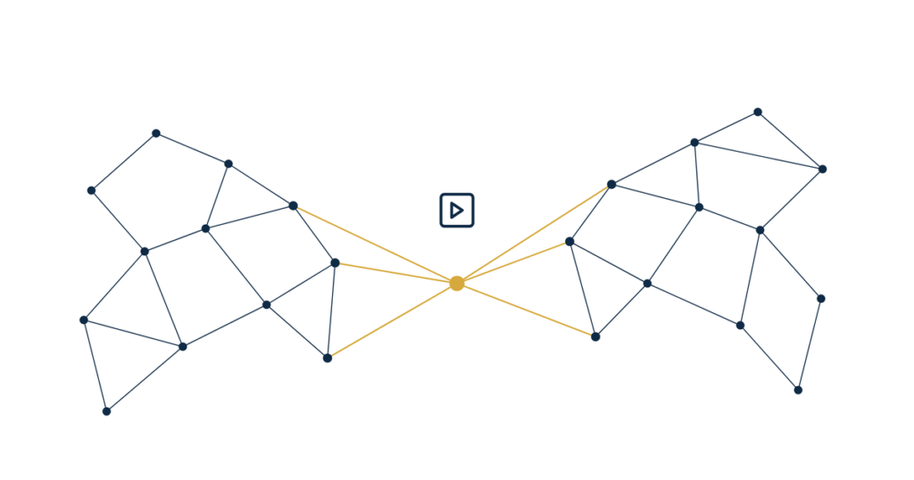 Real estate YouTube SEO strategy hero illustration of one gold dot linking two navy dot networks