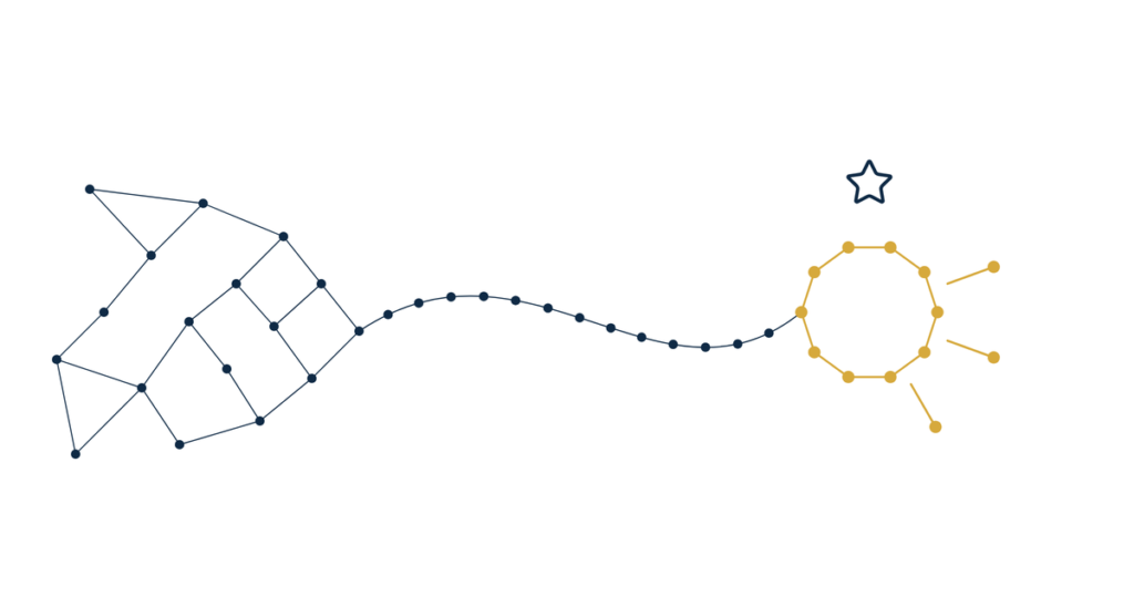 Real estate agent online reviews SEO hero illustration of a steady line of navy dots flowing into a gold ring