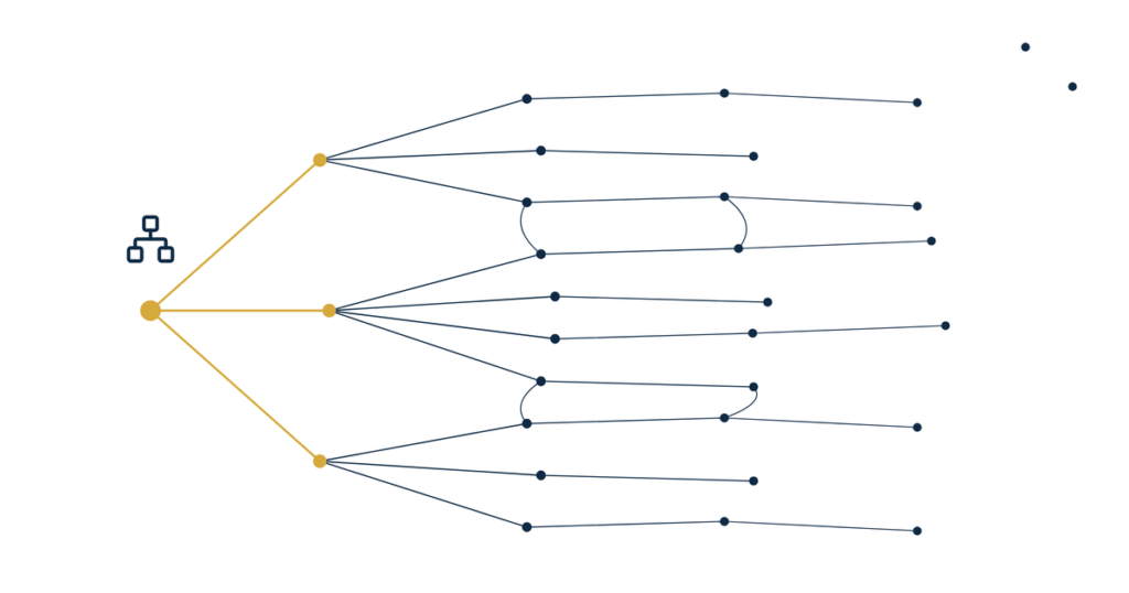 Real estate website internal linking hero illustration of a gold pillar dot branching into a navy dot network