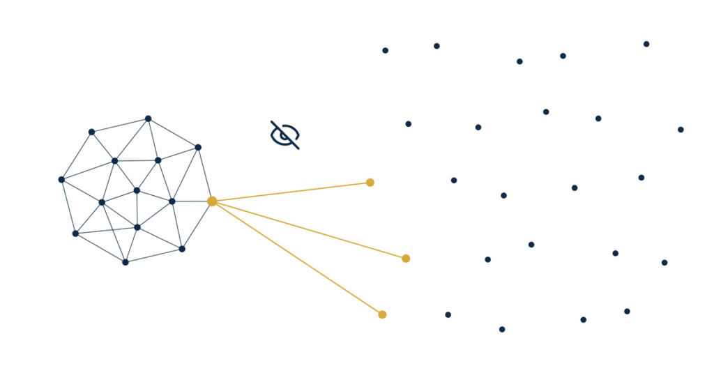 Real estate referral dependence visibility gap hero illustration of a closed navy dot cluster reaching an open field of unconnected dots with gold lines