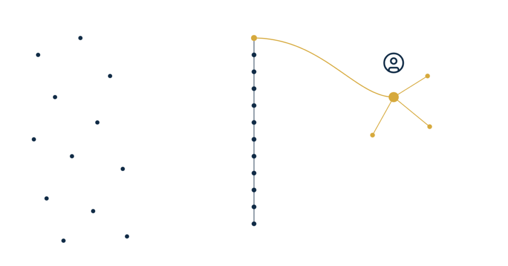 Real estate agent bio page authority hero illustration of scattered navy dots organized into a column that connects to a gold node