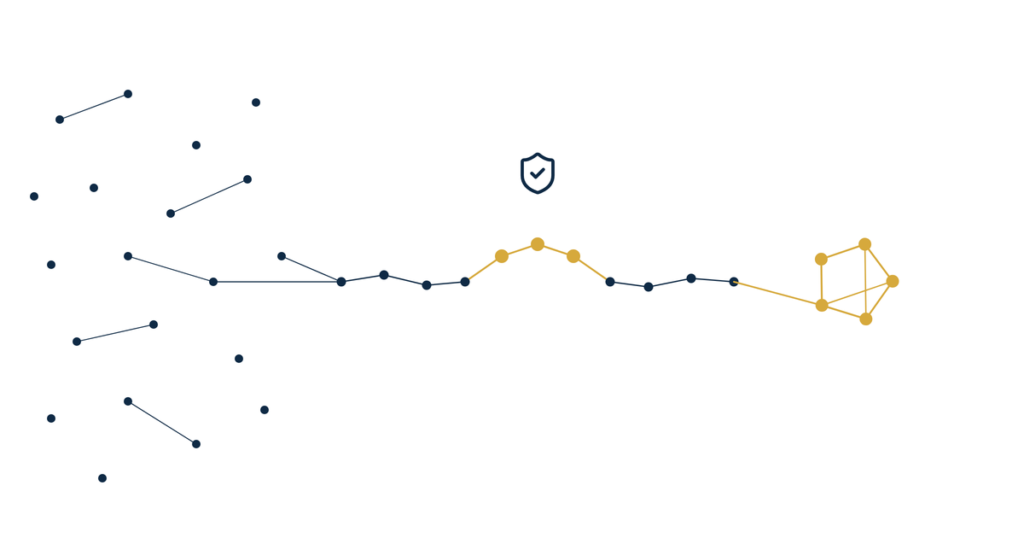 Real estate authority gap assessment lead generation hero illustration of gold dots bridging a gap between scattered navy prospects and a gold cluster