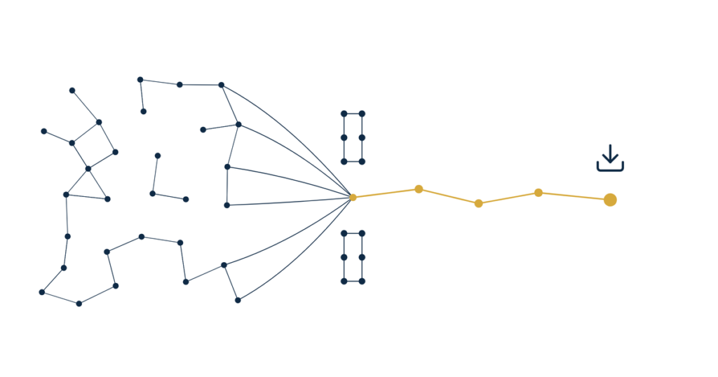 Real estate investment guide lead magnet hero illustration of navy dots passing through a gate into a short gold chain