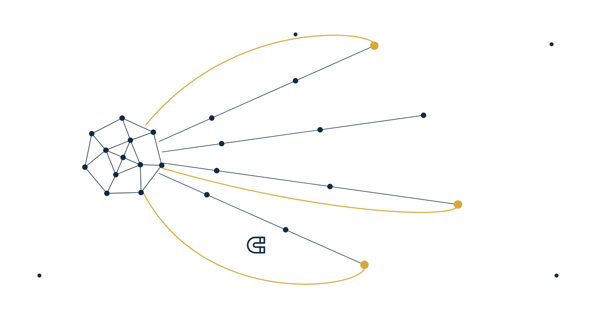 Real estate website retargeting strategy hero illustration of gold dots arcing back to a navy dot cluster