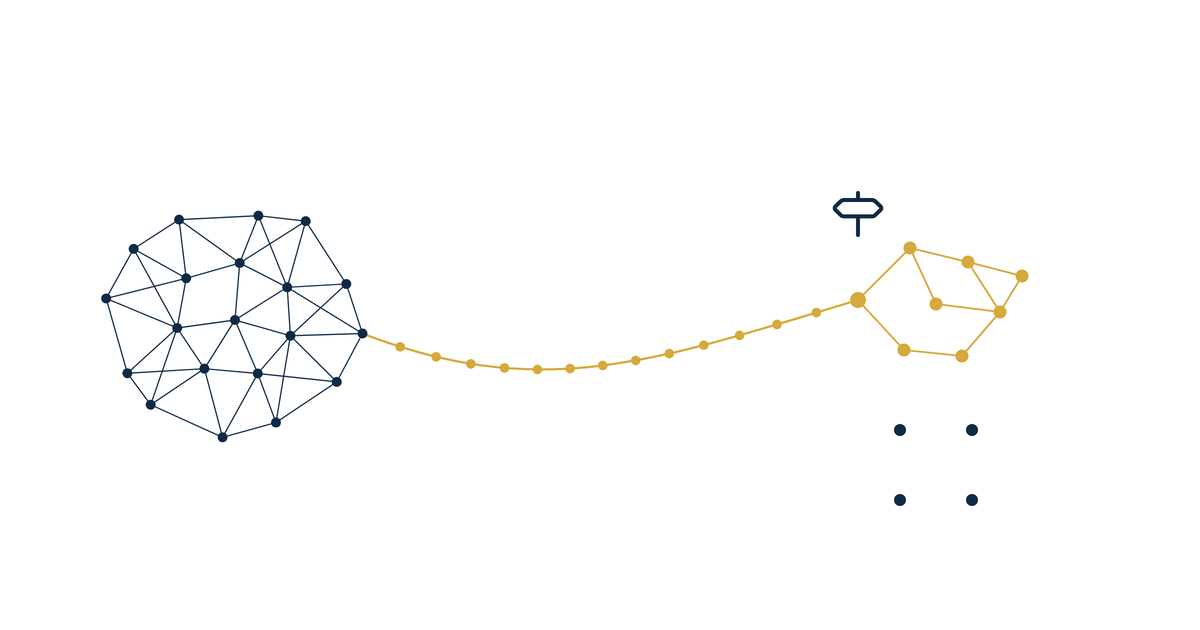 Real estate multi-market expansion hero illustration of a gold dot path reaching a new gold cluster from a navy home-market network