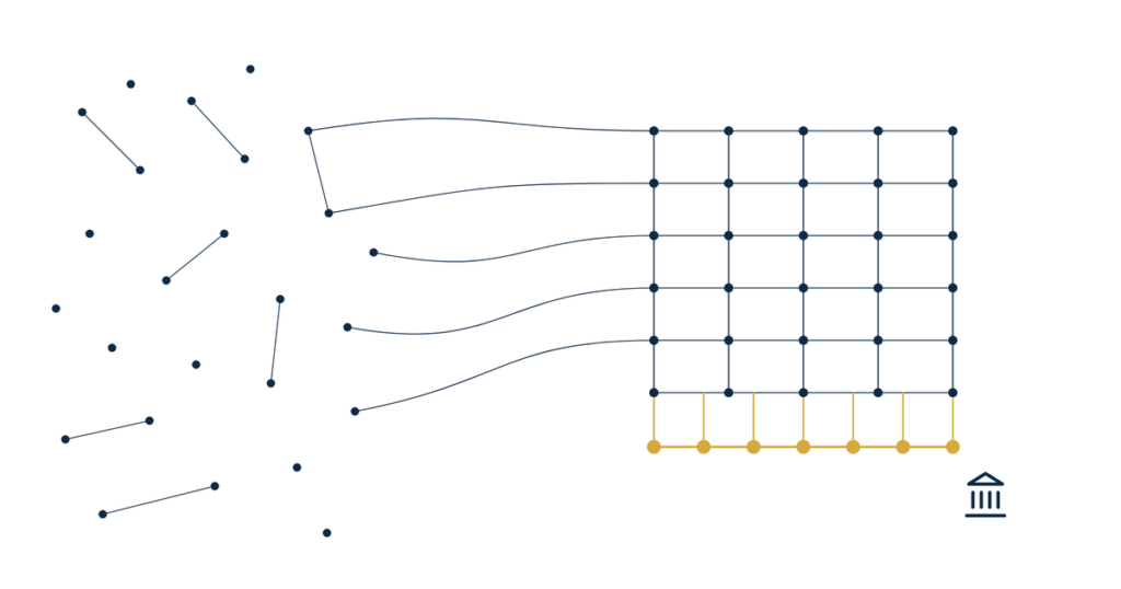 Real estate investment firm content acquisition value hero illustration of scattered navy dots forming a structured lattice on a gold foundation